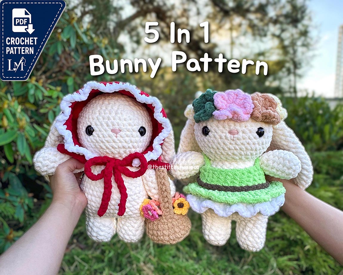 5 in 1 Bunny Plushie & Accessories Crochet Pattern SET 3 | Plushie Outfit | Cape, Basket with Flowers, Ruffled Dress, Flower Crown